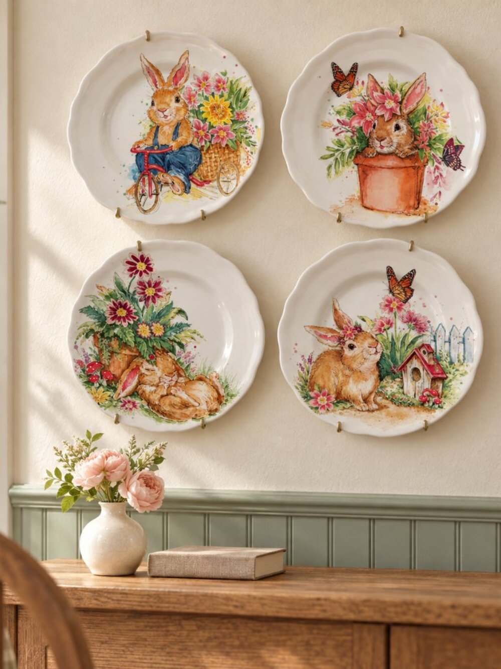 Hop Town Bunnies Easter Pier 1 Floral Ceramic Dessert Plates - Set of 4 (White)